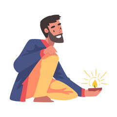 Cheerful Bearded Man in Traditional Indian Clothes with Candle in Candlestick, People Celebrating Diwali Hindu Holiday Light Festival Cartoon Style Vector Illustration