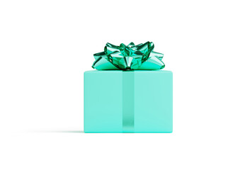 Minimal element for Christmas and  New year concept. Green gift box with silver ribbon bow isolated on white background 3d render illustration. Clipping path of each element included.