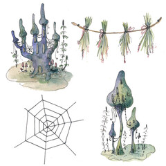 Fairy-tale gloomy houses. Watercolor drawing