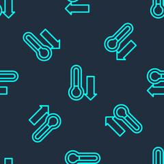 Green line Meteorology thermometer measuring icon isolated seamless pattern on blue background. Thermometer equipment showing hot or cold weather. Vector.