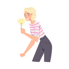 Smiling Blonde Woman with Burning Sparkler, Girl in Joyful Mood Celebrating Christmas, New Year or Birthday Holiday Cartoon Style Vector Illustration
