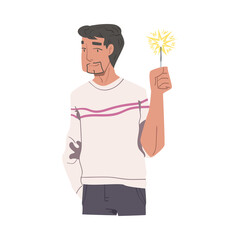 Man Holding Burning Sparkler, Guy Celebrating Christmas, New Year or Birthday Holiday Cartoon Style Vector Illustration