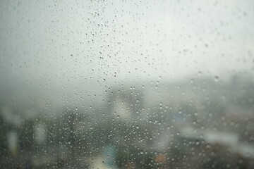 Water drop on glass window with cloudy sky and city on background
