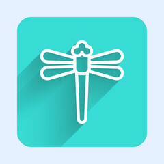White line Dragonfly icon isolated with long shadow. Green square button. Vector.