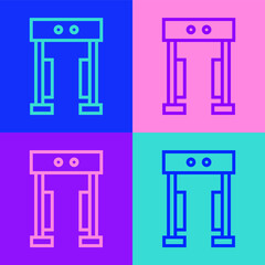 Pop art line Metal detector icon isolated on color background. Airport security guard on metal detector check point. Vector.
