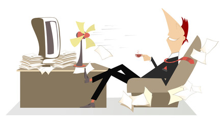 Heat in the office, man. Man in the office sits in the armchair in front of the tabletop fan, takes a delight from the fresh air and drinks a cup of coffee or tea illustration 