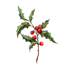 Christmas holly berry decoration, botanical watercolor illustration, winter plants isolated on white background. New Year symbol, ilex branch with leaves and berries.