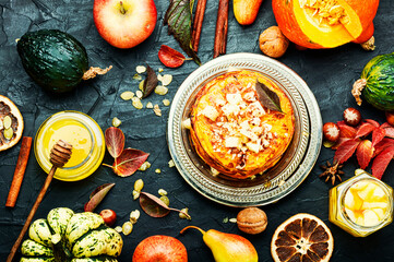 Pumpkin pancakes with syrup