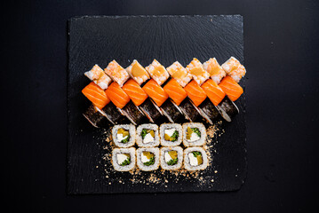 sushi set on the black background