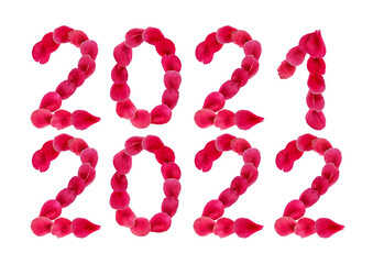 Decorative floral cliparts 2021 and 2022 isolated on white background. Set of natural pink - red design elements for the calendar. Numbers made of flower petals