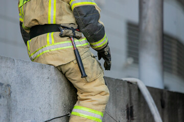 Russian firefighter is on call, in the process of extinguishing a fire