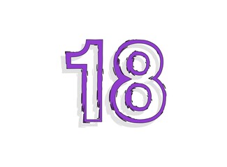 18 font purple number, hand drawn brush stroke. Modern, cartoon calligraphic design. For design element, logo, creative poster etc. Vector illustration