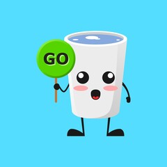 vector illustration of Cute Glass mascot or character holding sign says go. Cute Glass Concept White Isolated. Flat Cartoon Style Suitable for Landing Page, Banner, Flyer, Sticker.
