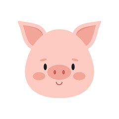 Cute pink pig face isolated on white background. Funny farm and domestic little pig head icon. Flat design cartoon style vector farm animal character portrait illustration. 