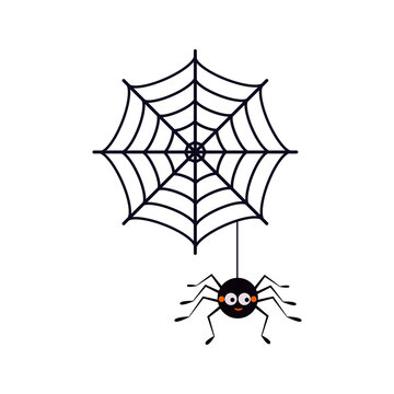 Cute black spider hanging on a string with cobwebs icon isolated on white background. Funny monster character for the elements of designs to celebrate Halloween party. Flat design vector illustration.