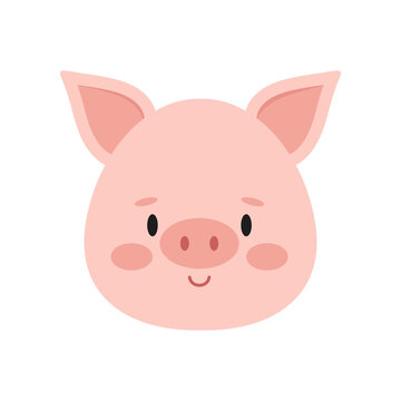 Cute pink pig face isolated on white background. Funny farm and domestic little pig head icon. Flat design cartoon style vector farm animal character portrait illustration. 