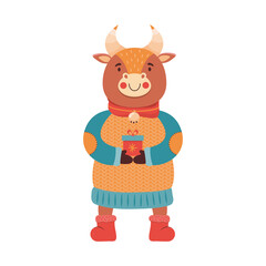 Cute cartoon baby bull in a warm sweater holding a gift in its paws. Symbol new year 2021. Funny calf. Animal character bull, cow, Buffalo. Hand drawn Christmas or new year illustration in vector.