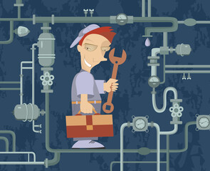 Comic mechanic repairs pipe construction illustration
