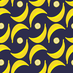 Modern seamless vector pattern abstract silhouettes of flat yellow bananas on dark blue background. Can be used for printing on paper, stickers, badges, bijouterie, cards, textiles.