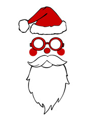 Santa Claus face mask, glasses, nose, beard, moustache and hat. Christmas holiday photo booth props. Vector xmas masquerade party costume accessories collection. Noel decoration happy new year cartoon