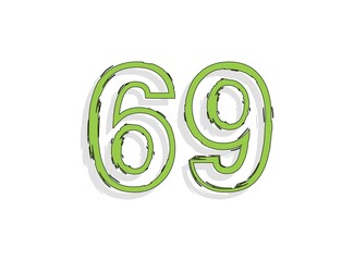 69 green number, hand drawn brush stroke. Comic style design. For design element, logo, creative poster etc. Vector illustration