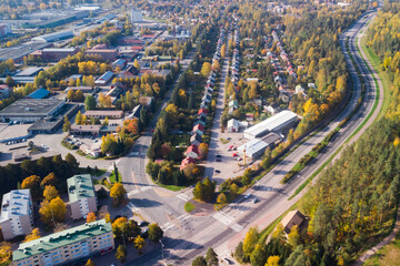 Aerial view to Lahti city at autumn morning, Finland