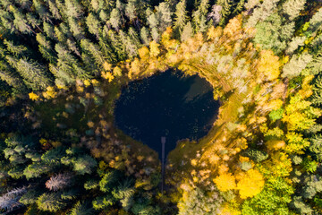 Aerial view of small forest lake Haransilma in Lahti, Finland. The diameter of lake is about 50...