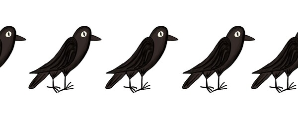 Raven Crow seamless border. Hand drawn Halloween art black crow illustration pattern. Spooky horizontal repeating border