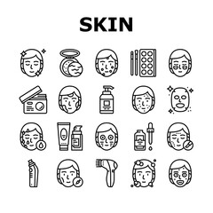 Facial Skin Care Treat Collection Icons Set Vector. Facial Skincare Makeup Cosmetics And Mask, Essential Oil And Acne Cream, Face Massager Black Contour Illustrations