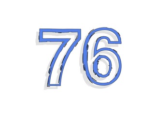 76 blue number, hand drawn brush stroke. Comic style design. For design element, logo, creative poster etc. Vector illustration