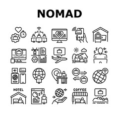 Digital Nomad Worker Collection Icons Set Vector. Freelancer Nomad Remote Work And Traveling, Working In Hotel And Coffee Cafe Black Contour Illustrations