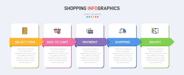 Concept of shopping process with 5 successive steps. Five colorful graphic elements. Timeline design for brochure, presentation, web site. Infographic design layout.