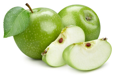 Two green apple and slice with green leaf clipping path