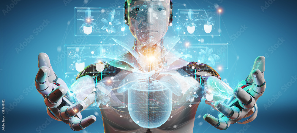 Leinwandbilder robot holding and touching holographic projection of a plant with digital analysis 3d rendering