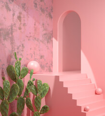 Modern Empty Pink Space Stage On Step With Cactus Garden Abstract Background 3d Render