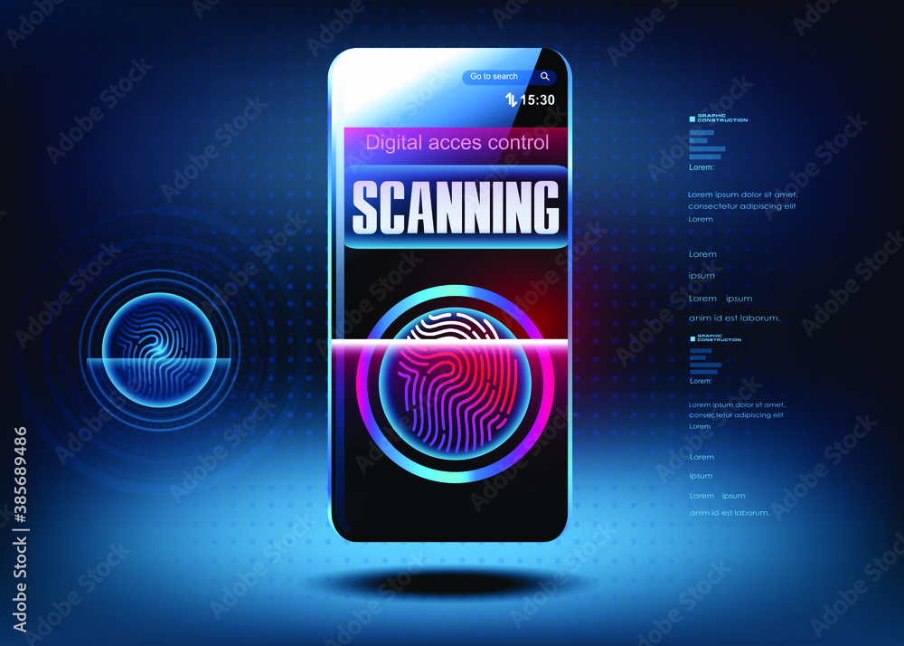 Poster smartphone with fingerprint scanner on futuristic cyber background. digital data access control by f