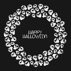 Halloween print. Skulls. Cartoon doodles pattern. Round drawing. Frame - wreath. Happy Halloween. Lettering - text.