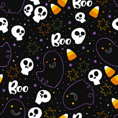 Halloween background. Lettering. Skulls, ghosts and candy. Halloween sweets. Holiday cartoon print. Seamless vector pattern.