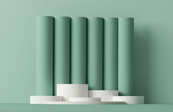 Minimal scene with podium and abstract background. Pastel blue and green colors scene. Trendy 3d render for social media banners, promotion, cosmetic product show. Geometric shapes interior.	