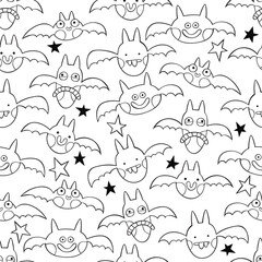 Bats. Set. Cartoon characters. Halloween person. Seamless vector pattern (background). Halloween doodle print.