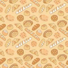 Bakery products. Bread, loaf, buns. Croissants and chocolate chip cookies. Sweet pastries. Seamless vector pattern (background). Cartoon taste print.