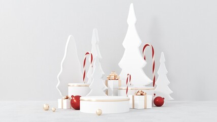 Marry Christmas and New Year greeting card, poster, banner with   stars and toys - 3D, render. 3D Christmas background. Podium, stand, platform for product presentation with neon stars and tree.