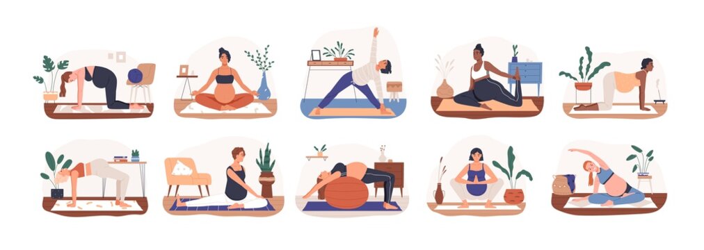 Set of diverse pregnant woman practicing yoga vector flat illustration. Collection of active future mothers doing aerobic exercise, meditating and stretching isolated. Female enjoy healthy lifestyle