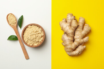 Fresh ginger and ginger powder on two tone background