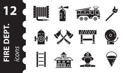Firefighter icons set. Fire Department symbol in modern flat style. Set of Fire station signs, isolated on a white background.