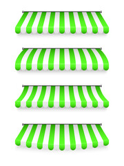 Realistic striped shop sunshade. Store awning. Roof canopy. Shop tent set. Vector illustration