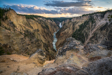 Fototapeta na wymiar lower falls of the yellowstone national park from artist point at sunset, wyoming, usa