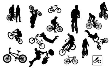 Naklejka premium Set of silhouettes of people with bicycles