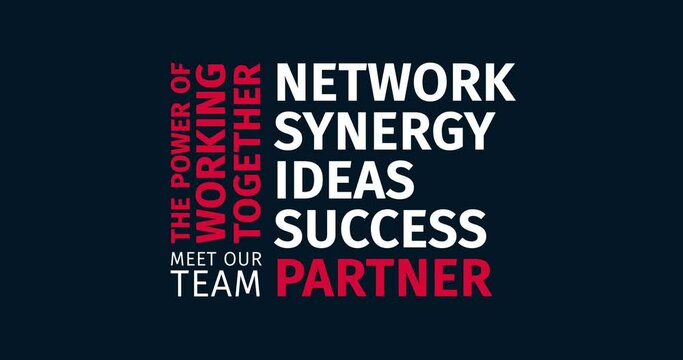 Partner Network. Working together in a team. Animated word cloud text. Kinetic typography Animation.