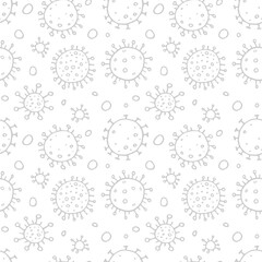 Seamless pattern of molecules, cells of virus, bacteria. Pandemic, epidemic covid-19. Concept of quarantine coronavirus, vaccination. Vector hand drawn background in outline doodle style isolated